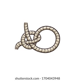 Nautical rope knot a marine design element, cartoon vector illustration in sketch style isolated on white background. Sea ship tackle equipment cord or string sign.