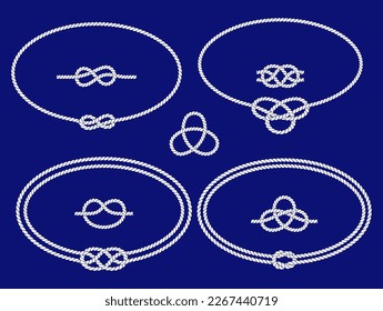 Nautical rope knots, frames and border set. Seamless decorative marine rope elements. Twisted cord with decorative loop. Vector illustration on navy background