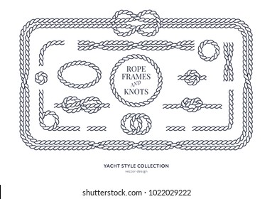 Nautical rope knots and frames set. Yacht style design. Vintage decorative elements. Template for prints, cards, fabrics, covers, flyers, menus, banners, posters and placard. Vector illustration. 