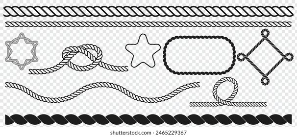 Nautical rope knots and frames set. Yacht style design. Vintage decorative elements. Template for prints, cards, fabrics, covers, flyers, menus, banners, posters and placard.  eps 10