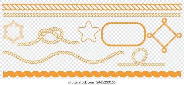 Nautical rope knots and frames. Swaying yellow nautical rope border. Vector isolated on transparent background. eps 10.