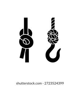 Nudos de cuerda náutica y silueta de gancho de elevación, aparejo marítimo y Ilustración vectorial de seguridad de carga pesada para el envío