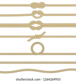 Nautical rope knots. Set of different ropes on white background. 