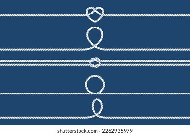 Nautical rope knots set. Seamless decorative marine rope elements. Twisted cord with decorative loop. Flat cartoon vector border. Vector illustration on navy background.