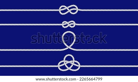 Nautical rope knots set. Seamless decorative marine rope elements. Twisted cord with decorative loop. Flat cartoon vector border. Vector illustration on navy background.