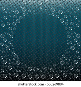 Nautical rope mesh pattern  on dark blue underwater background with bubbles. Maritime style background. 