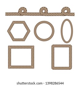 Nautical rope. Round and circle rope frames, cord borders. Sailing vector decoration elements. Rope marine, nautical border, cord round, string, knot twisted. Design element. Vector illustration