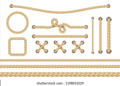Nautical rope. Round and square rope frames, cord borders. Sailing vector decoration elements. Rope marine, nautical border, cord round, string knot twisted illustration