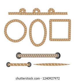 Nautical rope. Round and square rope frames, cord borders. Sailing vector decoration elements. Rope marine, nautical border, cord round, string, knot twisted. Design element. Vector illustration.