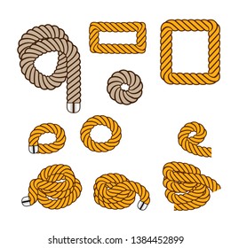 Nautical rope. Round and square rope frames, cord borders. Sailing vector decoration elements. Rope marine, nautical border, cord round, string, knot twisted. Design element. Vector illustration.