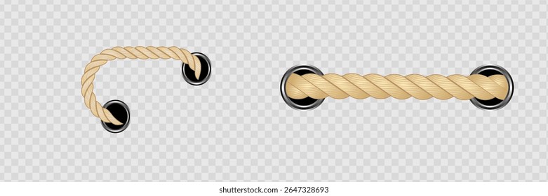 Corda náutica. Armações de cordas redondas e quadradas, bordas de cordas. Elementos de decoração vetorial à vela. Corda marinha, borda náutica, cordão redondo, corda nó torcido ilustração