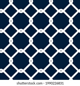 Nautical rope Seamless pattern. Endless navy illustration with white fishing net ornament and marine knots on dark blue backdrop. Trendy maritime style background. For fabric, wallpaper, wrapping