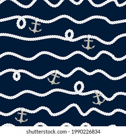 Nautical rope Seamless pattern. Endless navy illustration with white fishing net ornament and marine knots on dark blue backdrop. Trendy maritime style background. For fabric, wallpaper, wrapping