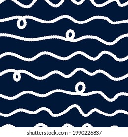 Nautical rope Seamless pattern. Endless navy illustration with white fishing net ornament and marine knots on dark blue backdrop. Trendy maritime style background. For fabric, wallpaper, wrapping