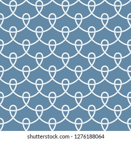 Nautical rope seamless pattern. Rope woven fishing net.  Vector illustration on blue background.