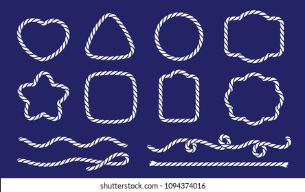 Nautical rope shapes and frames set. Yacht style design. Vintage decorative elements. Template for prints, cards, fabrics, covers, flyers, menus, banners, posters and placard. Vector illustration.