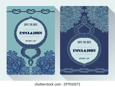 Nautical rope tying the knot wedding card on dot and floral pattern cyan background. Invitation card  design