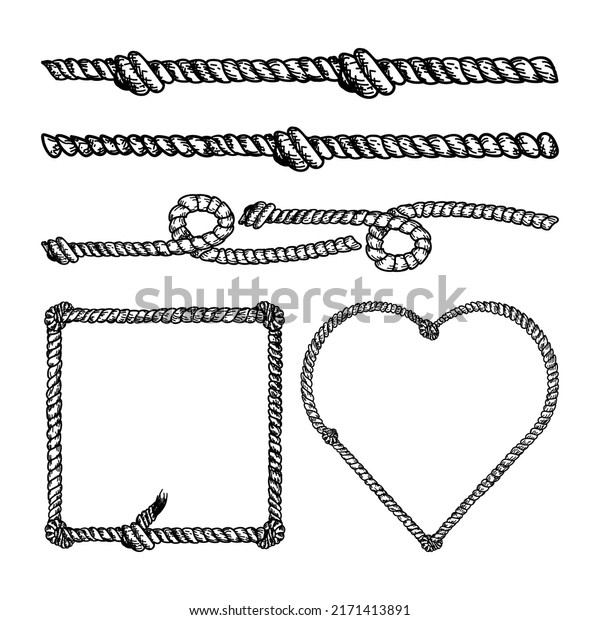 Nautical rope vector\
dividers and elements, hand-drawn doodle in sketch style. Vintage\
border frame design illustration. Decorative nautical jute frame\
illustration.