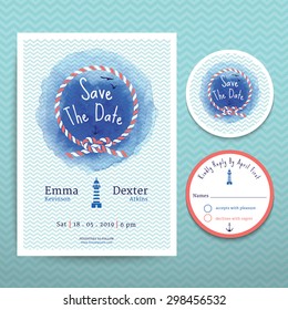 Nautical rope water colour wedding invitation and RSVP save the date card template set