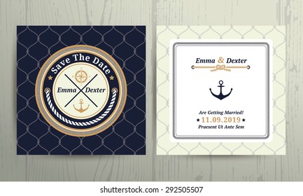 Nautical rope wedding save the date card on fishnet background