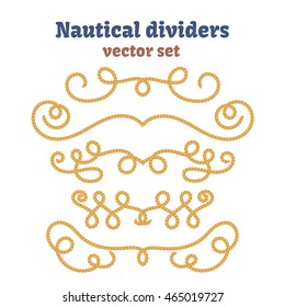 Nautical ropes. Dividers set. Decorative vector knots. Ornamental decor elements with rope. Isolated design. Nautical flourish. Sea themed divider.