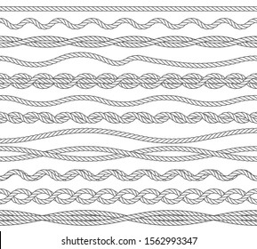 Nautical ropes monochrome outline vector illustrations set. Marine simple contour seamless borders pack isolated on white background. Knots, twisting strong strings thin line design elements