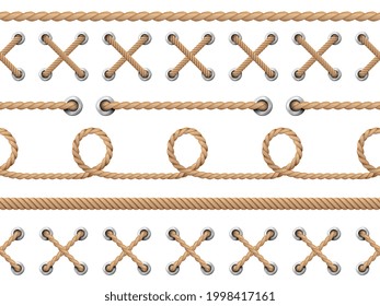 Nautical ropes seamless. Line rope design pattern, retro marine string knot borders. Endless ship cable, isolated nautical cord recent vector elements