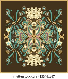 Nautical rug design, stylized marine pattern with anemone flowers on dark background