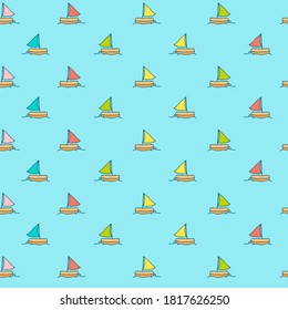 Nautical Sailboat Seamless Pattern: Explore this captivating vector illustration featuring a thin outline sailboat on a blue background. Perfect for adding a touch of modern nautical charm