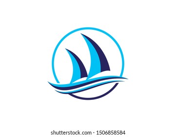 Nautical Sailing Adventure Emblem Featuring Two Sailboats in a Circular Wave Design with Water
