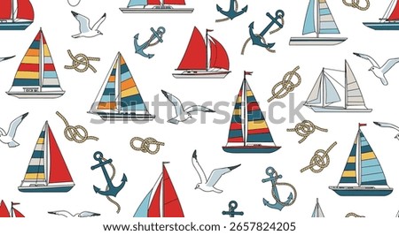 Nautical sailing adventure pattern featuring boats anchors and seagulls