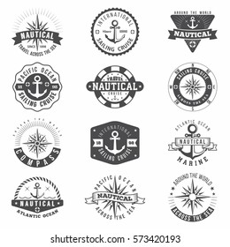 Nautical and sailing badges and emblems in retro style, vector illustration. Black nautical logo collection