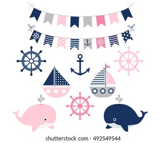 Nautical sailing girl set with whales, boats, anchor, buntings, wheel
