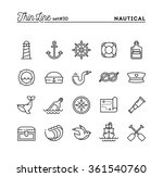 Nautical, sailing, sea animals, marine and more, thin line icons set, vector illustration