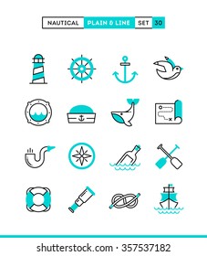 Nautical, sailing, sea animals, marine and more. Plain and line icons set, flat design, vector illustration