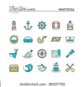 Nautical, Sailing, Sea Animals, Marine And More, Thin Line Color Icons Set, Vector Illustration