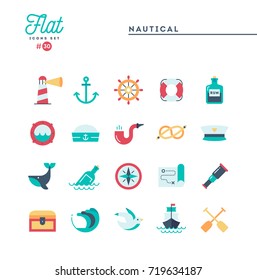 Nautical, sailing, sea animals, marine and more, flat icons set, vector illustration