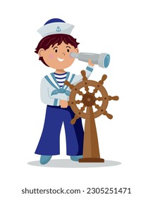 Nautical sailor boy with steering wheel and spyglass isolated on white background. Vector illustration.