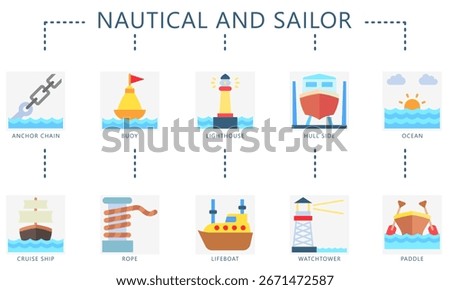 Nautical and sailor flat color icons set. contain anchor chain, buoy, lighthouse, hull, ocean, cruise ship, rope, life boat, paddle and more. Vector for UI, UX kit, web and app navy, transportation