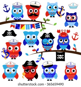 Nautical, Sailor and Pirate Themed Vector Owls