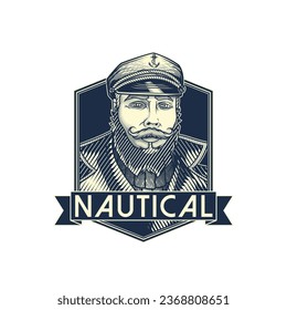 "Nautical". Sailor portrait logo. Vector illustration in engraving technique of sea captain in diamond shape label frame. Logo icon design. 