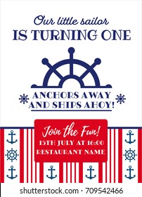 Nautical Sailor Theme Printable Baby Birthday Party Invite. Red, Blue & White Colors. Sea Theme Vector Template Invitation With Wheel. Ahoy! One year little sailor.