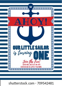 Nautical Sailor Theme Printable Baby Birthday Party Invite. Red, Blue & White Colors. Sea Theme Vector Template Invitation With Anchor. Ahoy! One year little sailor.