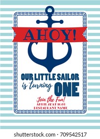 Nautical Sailor Theme Printable Baby Birthday Party Invite. Red, Blue & White Colors. Sea Theme Vector Template Invitation With Anchor. One year little sailor.