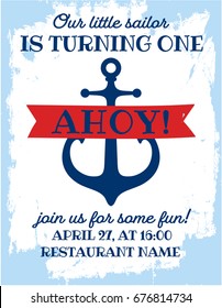 Nautical Sailor Theme Printable First Birthday Party Invite - Red, Blue & White Colors. Sea Theme Vector Template Invitation With Anchor. Ahoy! 