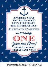 Nautical Sailor Theme Printable First Birthday Party Invite - Red, Blue & White Colors. Sea Theme Vector Template Invitation With Anchor. 