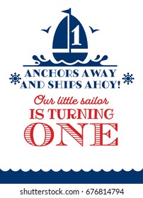 Nautical Sailor Theme Printable First Birthday Party Invite - Red, Blue & White Colors. Sea Theme Vector Template Invitation With Ship. 