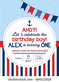 Nautical Sailor Theme Printable First Birthday Party Invite for Boy - Red, Blue & White Colors. Sea Theme Vector Template Invitation With Anchor.