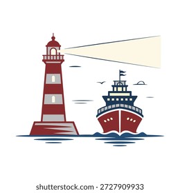Escena náutica con una torre de faro roja que proyecta un rayo de luz para guiar a un barco que navega a través de las olas del océano.