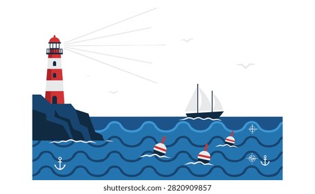 Nautical scene featuring a red and white lighthouse on a rocky cliff overlooking the blue ocean with a sailboat and floating sea buoys.